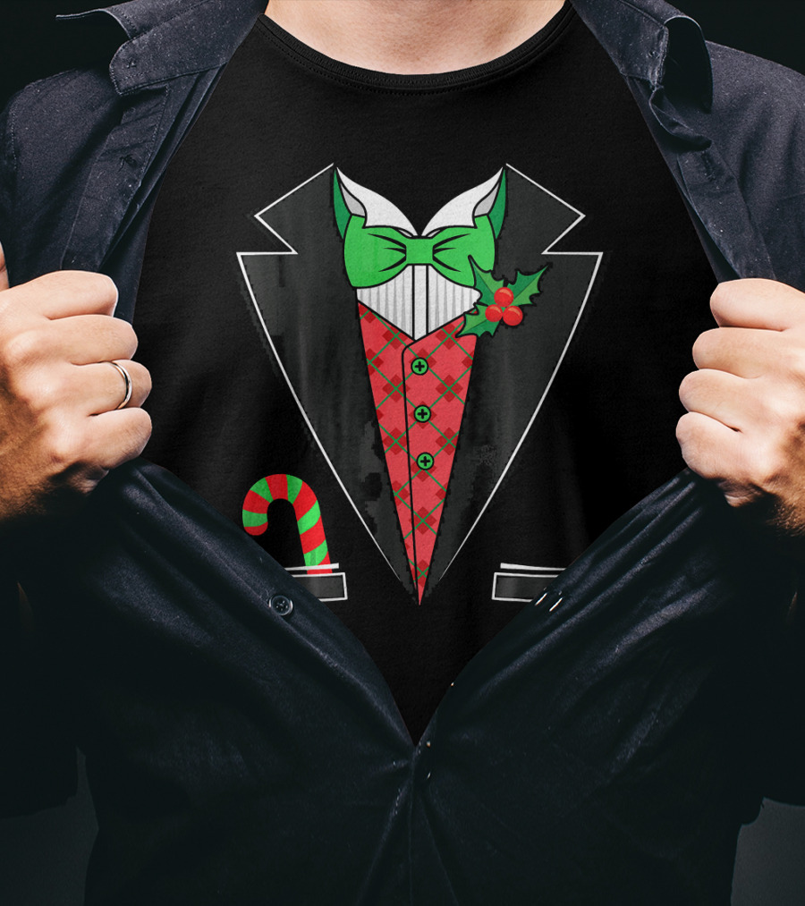 Christmas Tuxedo With Candy Cane Pattern And Festive Bow Tie T-Shirt