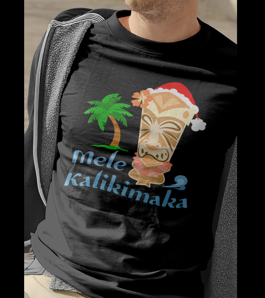 Mele Kalikimaka Hawaiian Christmas Tiki With Palm Tree And Santa Hat T-Shirt