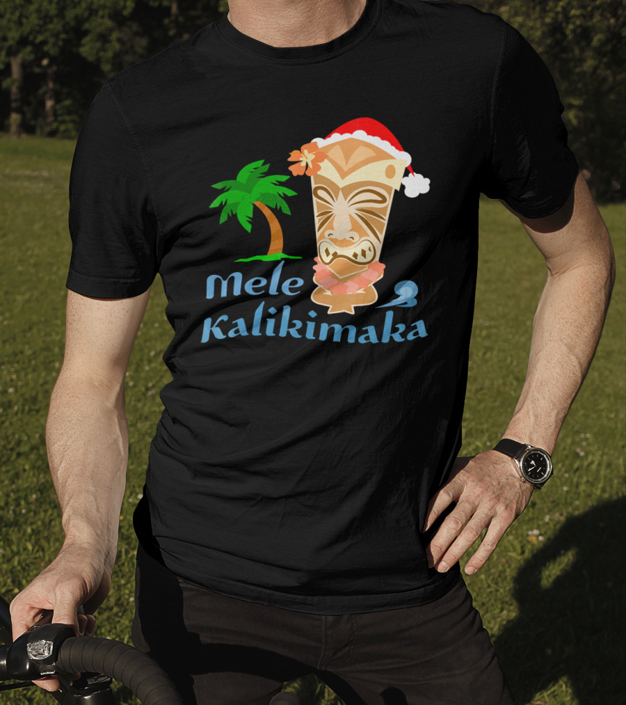 Mele Kalikimaka Hawaiian Christmas Tiki With Palm Tree And Santa Hat T-Shirt