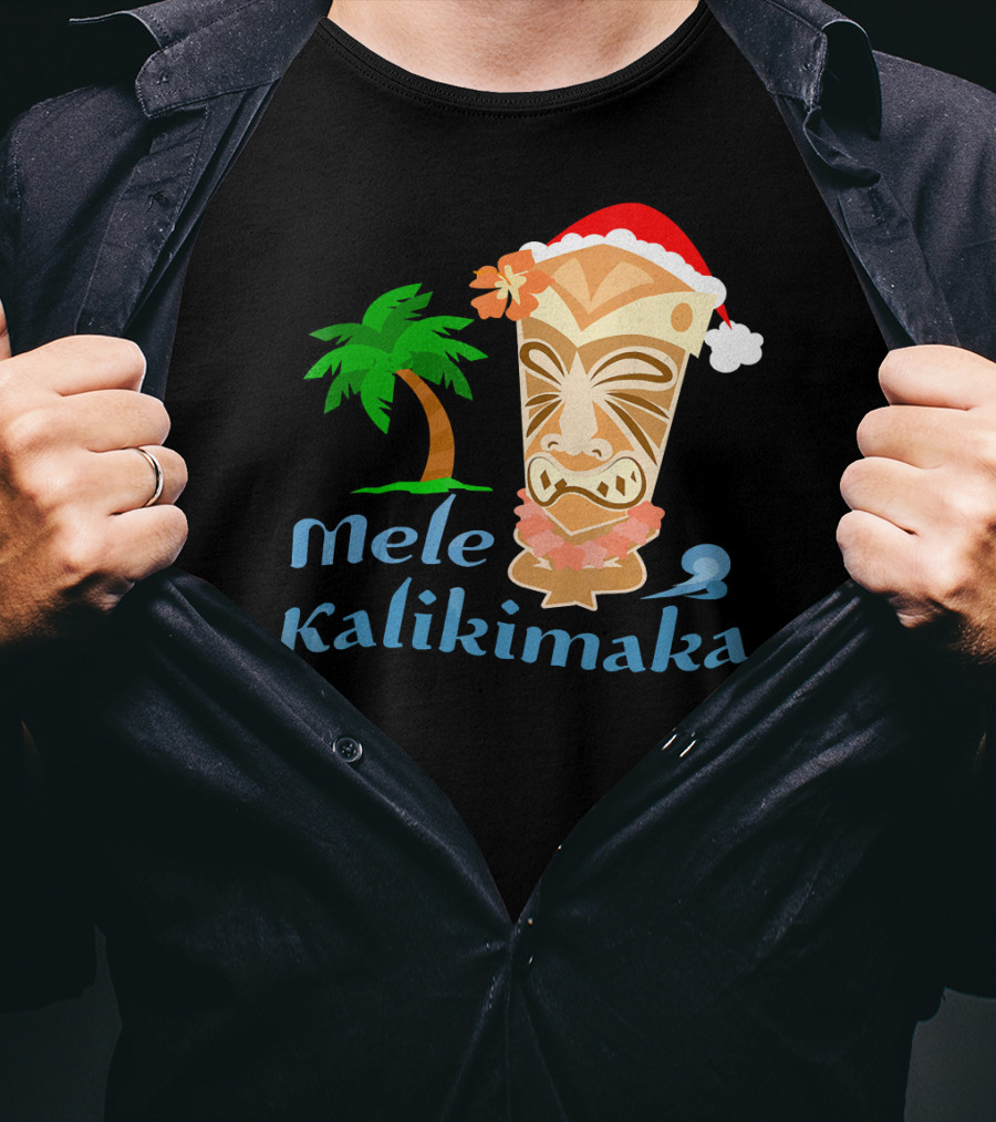 Mele Kalikimaka Hawaiian Christmas Tiki With Palm Tree And Santa Hat T-Shirt