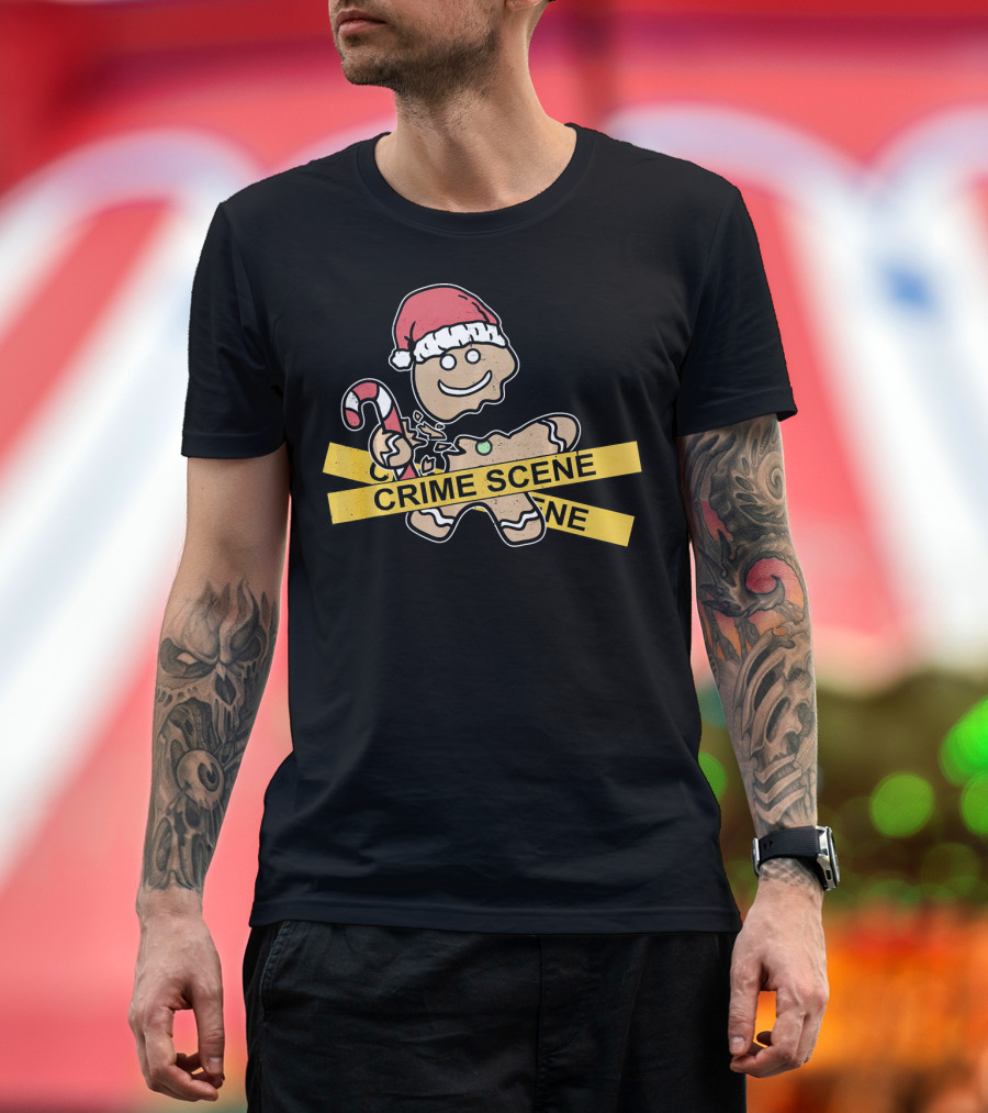Gingerbread Cookie Crime Scene Santa Hat Candy Cane Christmas T-Shirt