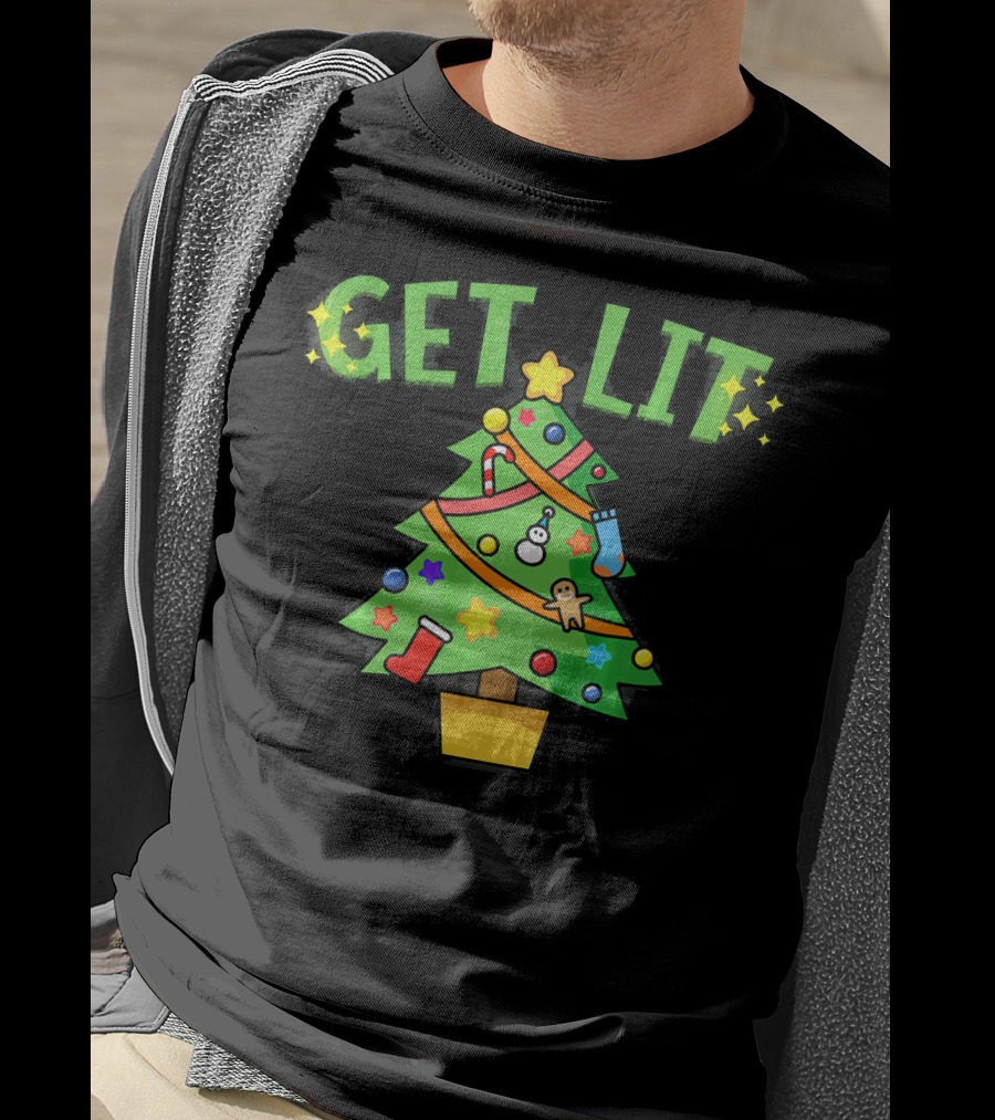 Get Lit Christmas Tree Festive Decorations Candles Stockings Ornaments Gingerbread Stars T-Shirt