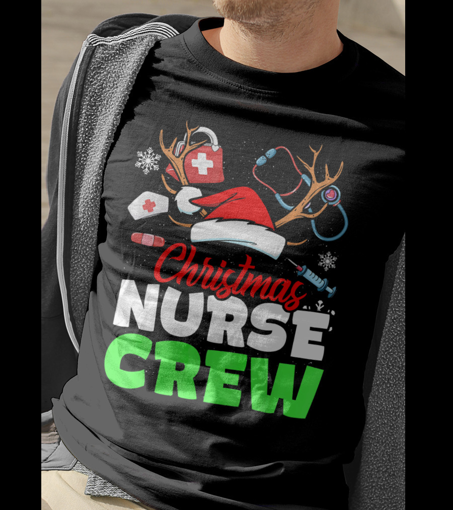 Christmas Nurse Crew Reindeer Antlers Stethoscope Santa Hat Snowflakes T-Shirt