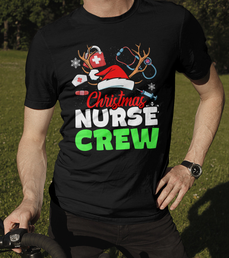 Christmas Nurse Crew Reindeer Antlers Stethoscope Santa Hat Snowflakes T-Shirt