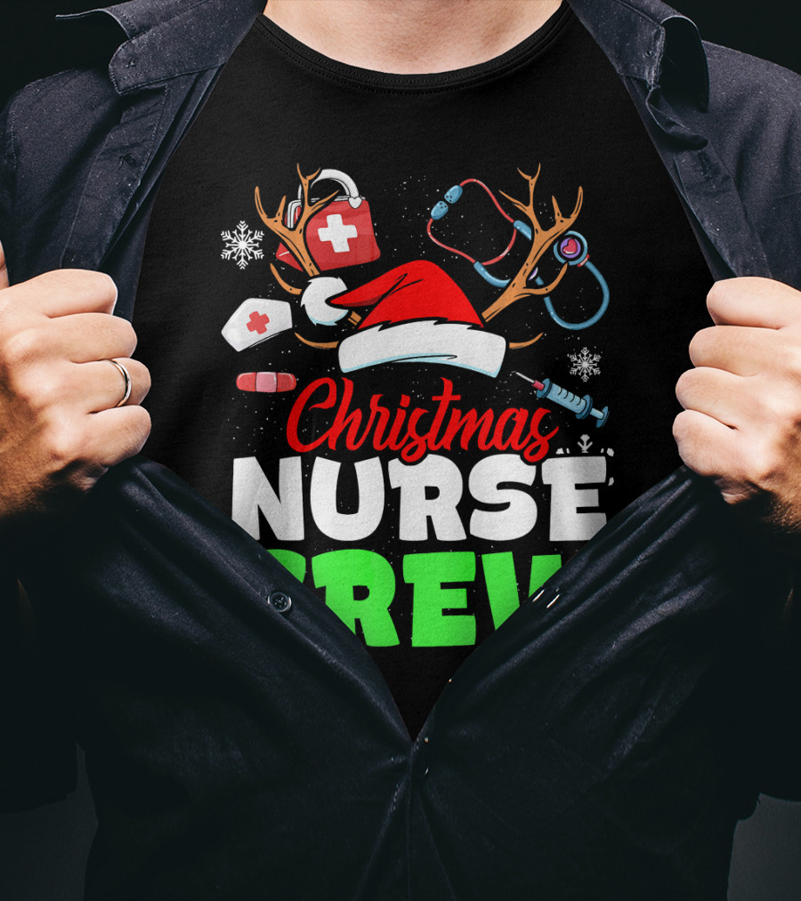 Christmas Nurse Crew Reindeer Antlers Stethoscope Santa Hat Snowflakes T-Shirt