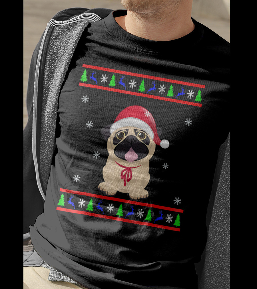 Christmas Santa Hat Pug Snowflakes Trees Reindeer T-Shirt