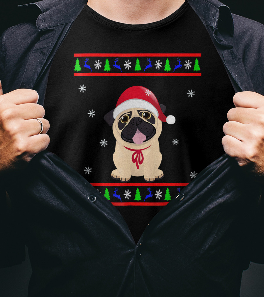 Christmas Santa Hat Pug Snowflakes Trees Reindeer T-Shirt