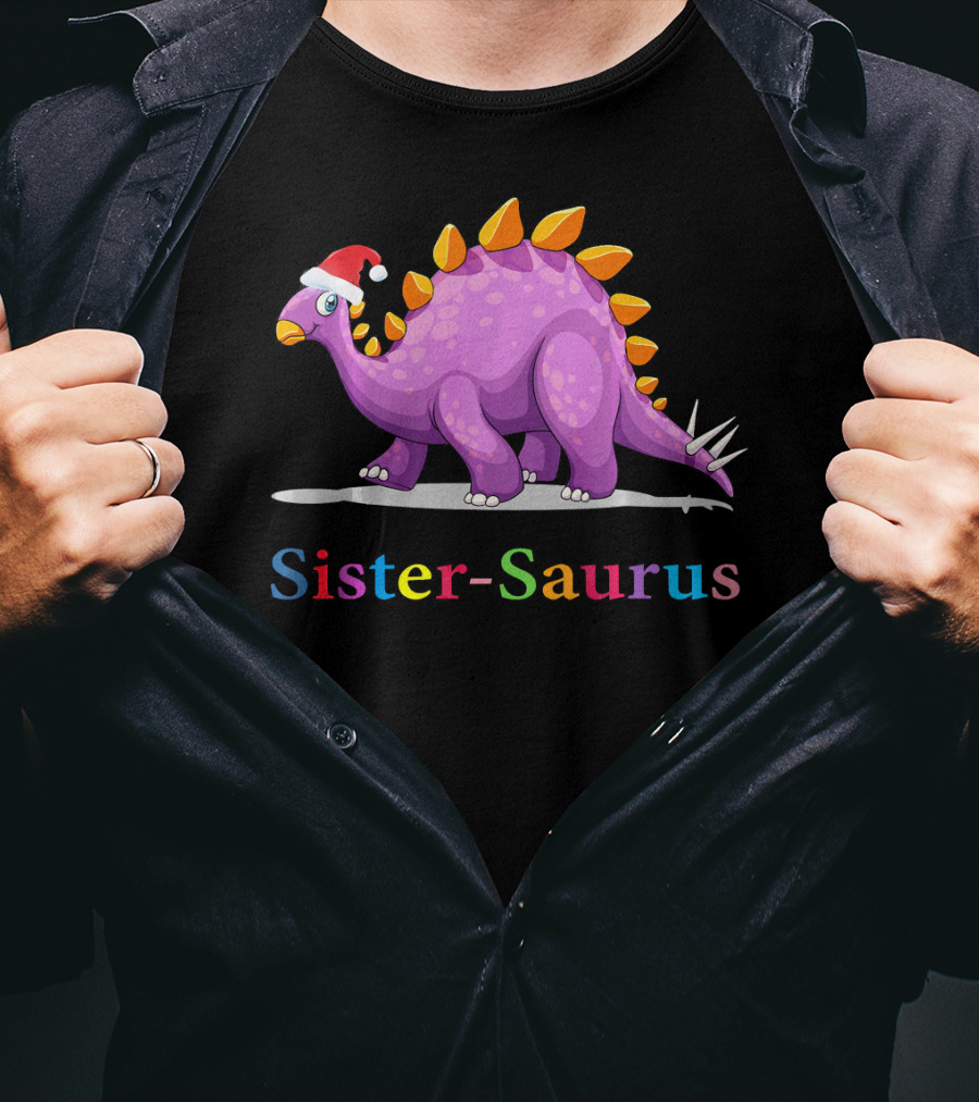 Sister-Saurus Dinosaur With Santa Hat T-Shirt