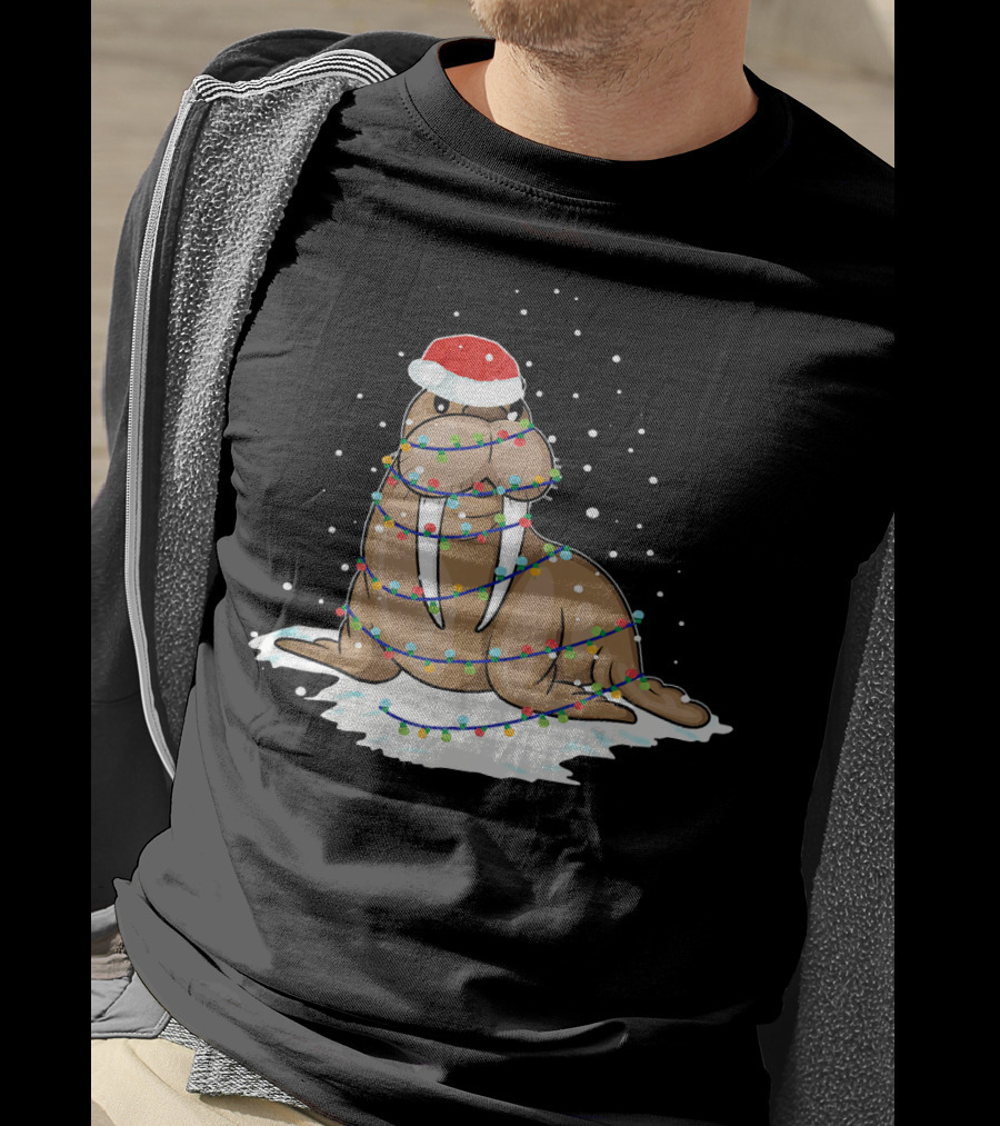 Walrus Wrapped In Christmas Lights With Santa Hat On Snow T-Shirt