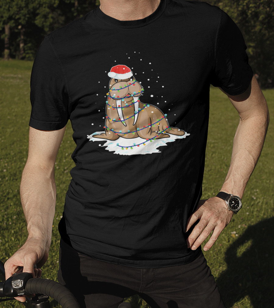 Walrus Wrapped In Christmas Lights With Santa Hat On Snow T-Shirt
