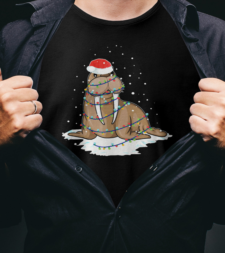 Walrus Wrapped In Christmas Lights With Santa Hat On Snow T-Shirt