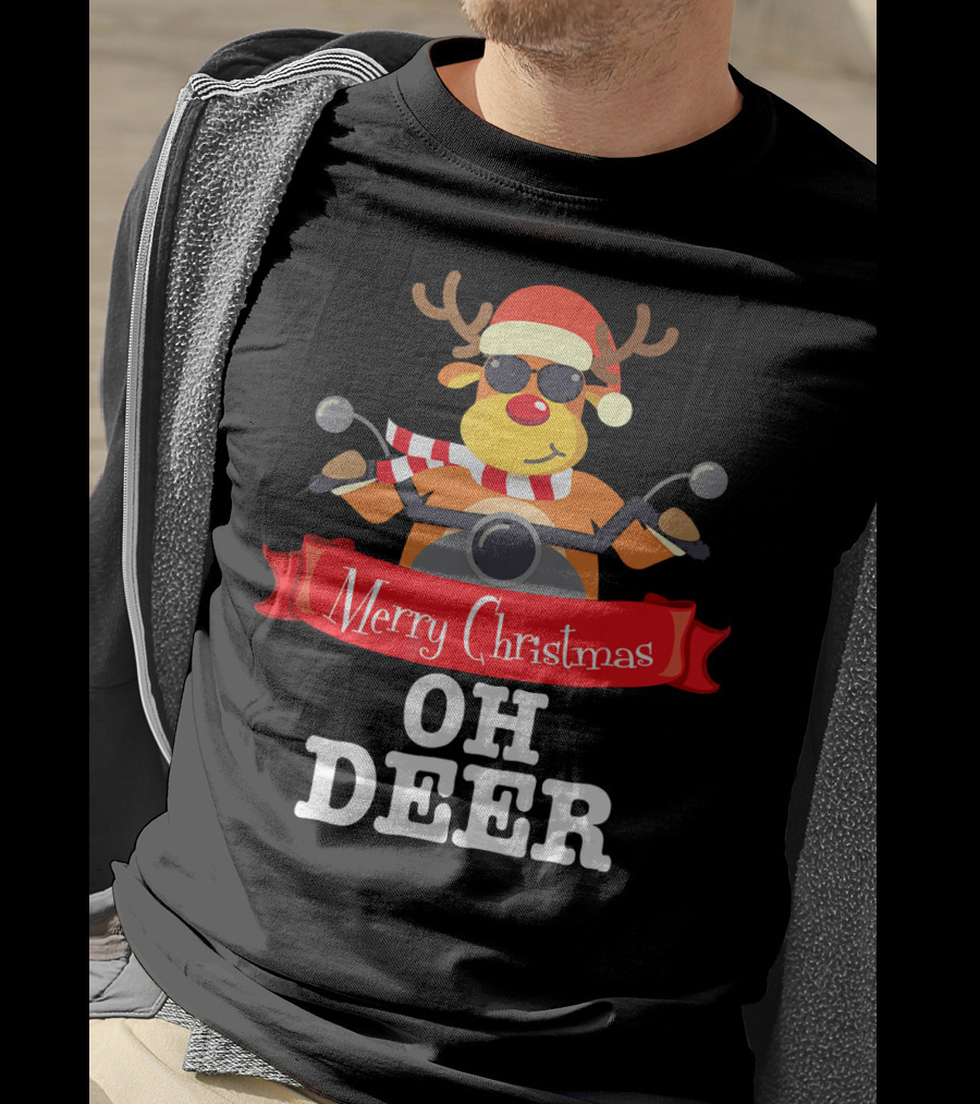 Merry Christmas Oh Deer Reindeer Motorcycle Santa Hat T-Shirt