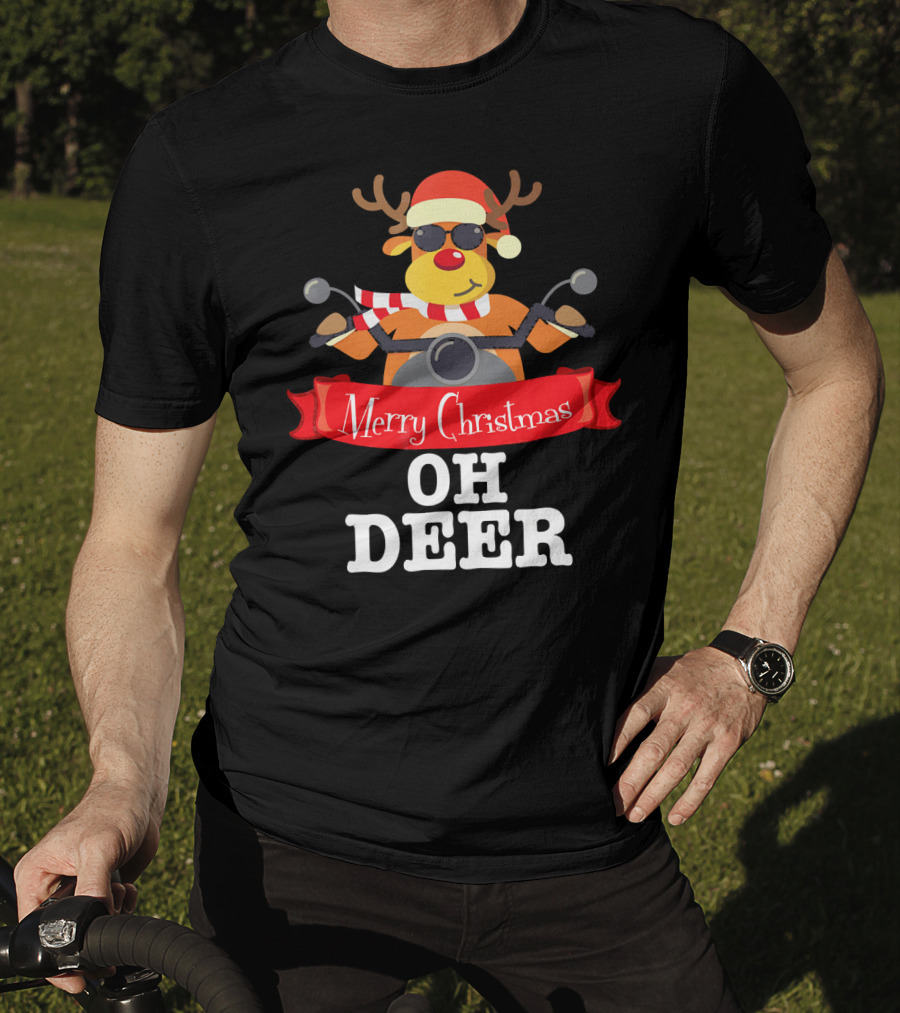 Merry Christmas Oh Deer Reindeer Motorcycle Santa Hat T-Shirt