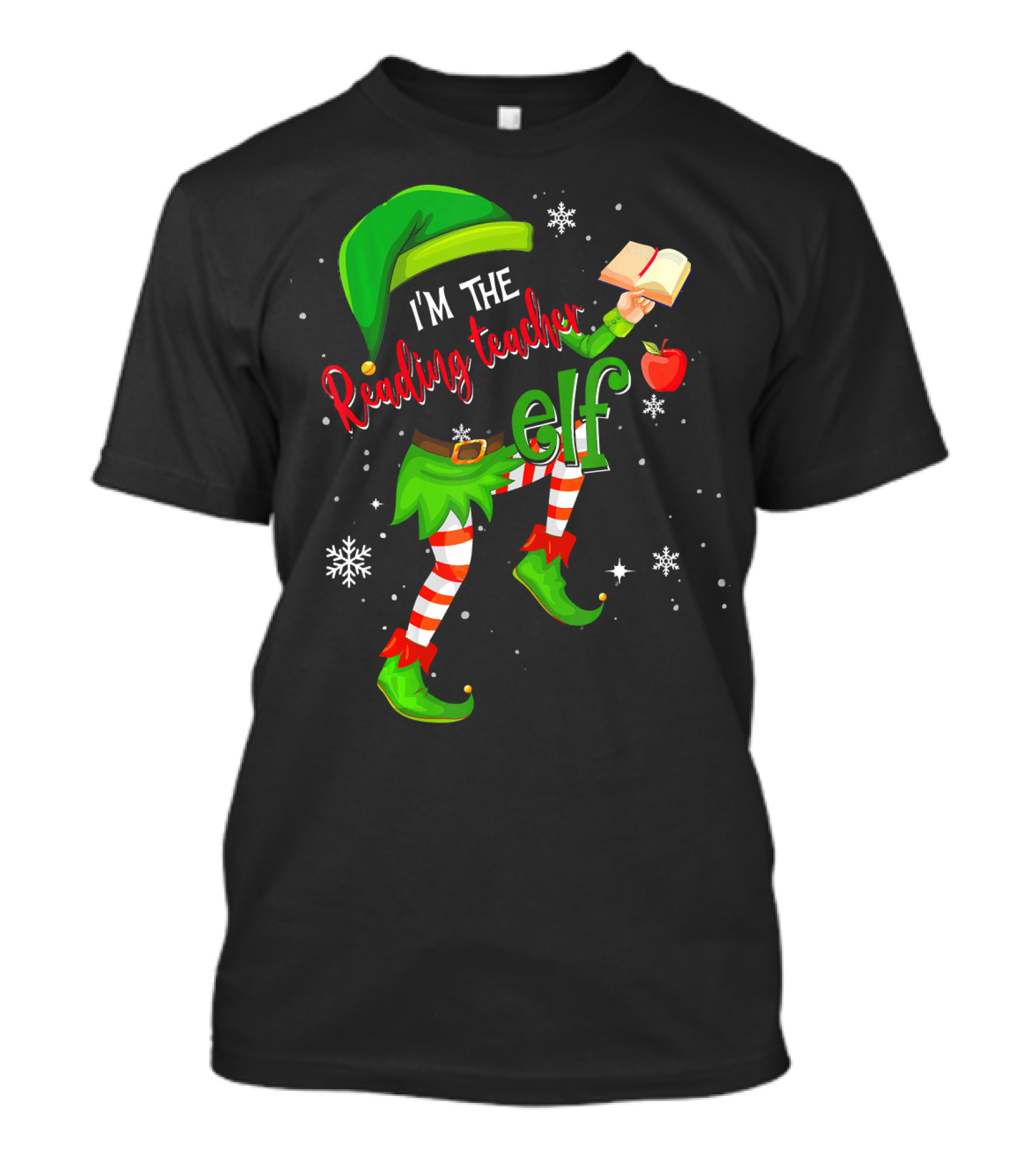 I'm The Reading Teacher Elf Holding Book Apple Wearing Elf Outfit Snowflakes T-Shirt