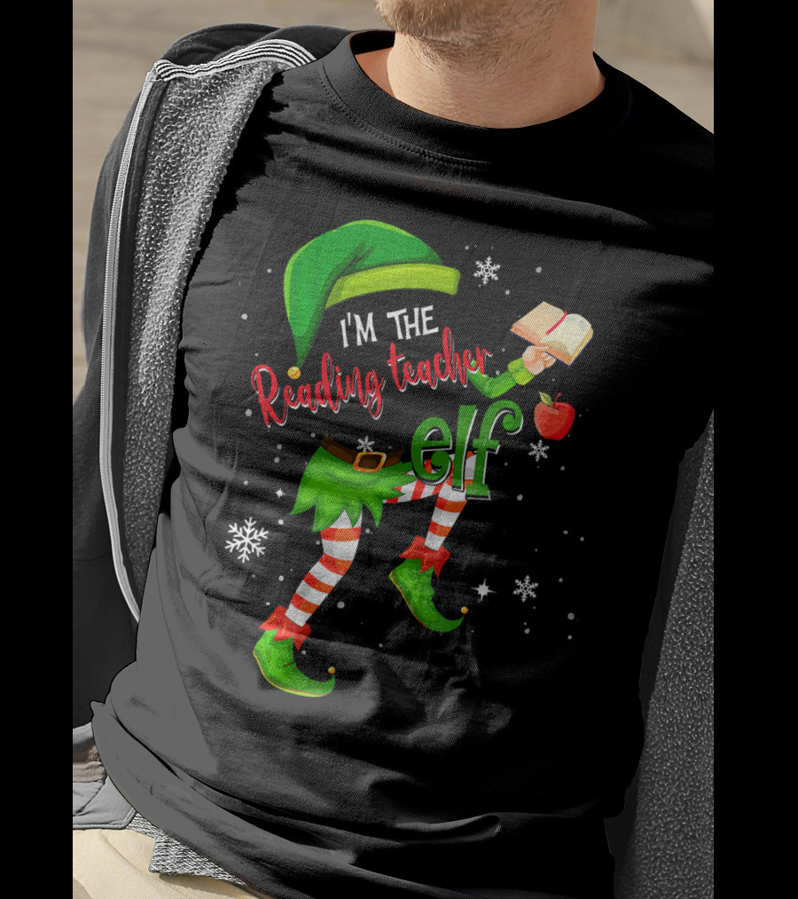 I'm The Reading Teacher Elf Holding Book Apple Wearing Elf Outfit Snowflakes T-Shirt