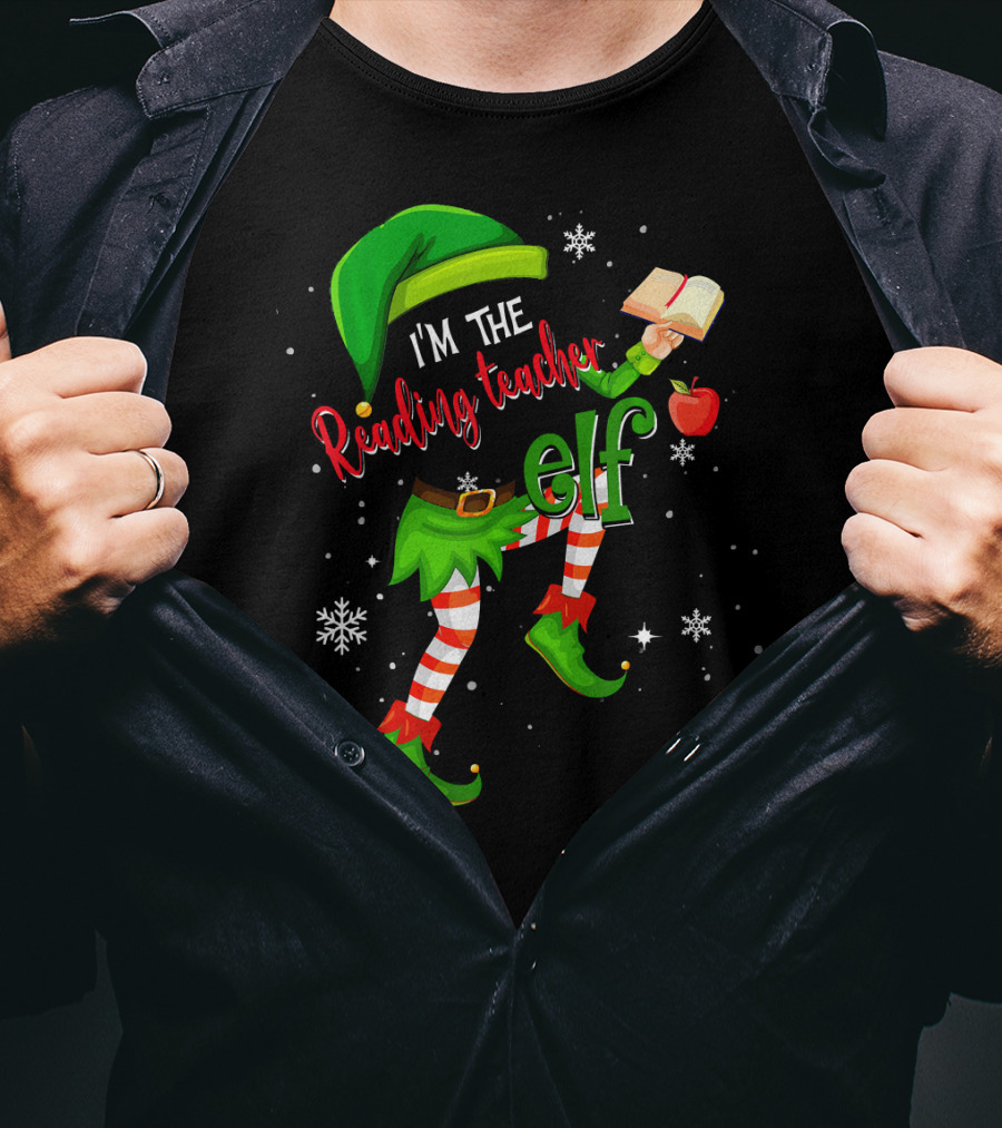 I'm The Reading Teacher Elf Holding Book Apple Wearing Elf Outfit Snowflakes T-Shirt