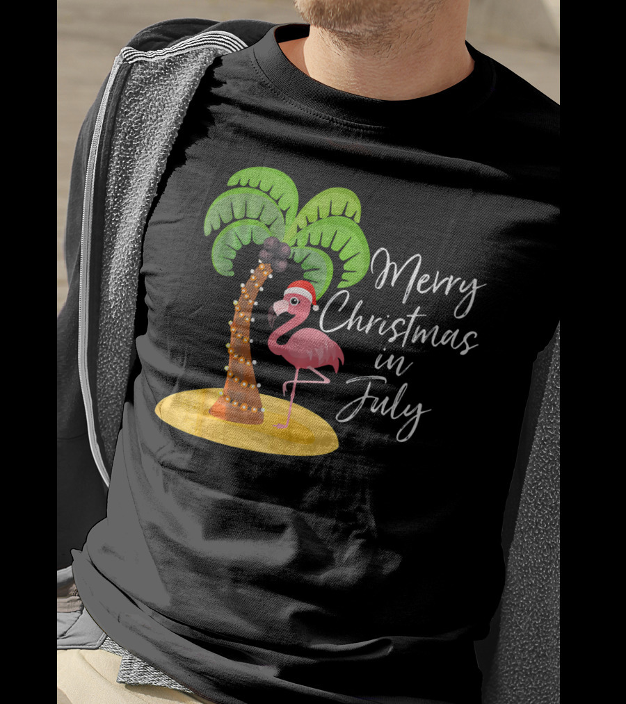 Merry Christmas In July Flamingo And Palm Tree T-Shirt