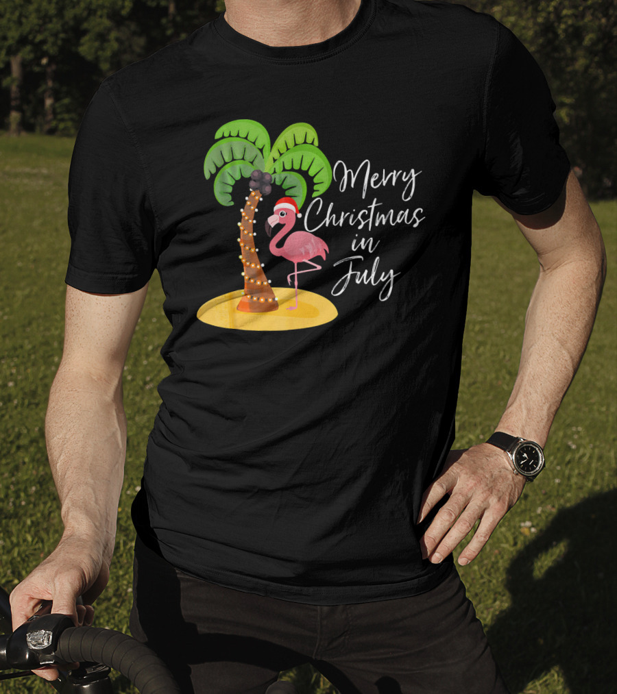 Merry Christmas In July Flamingo And Palm Tree T-Shirt