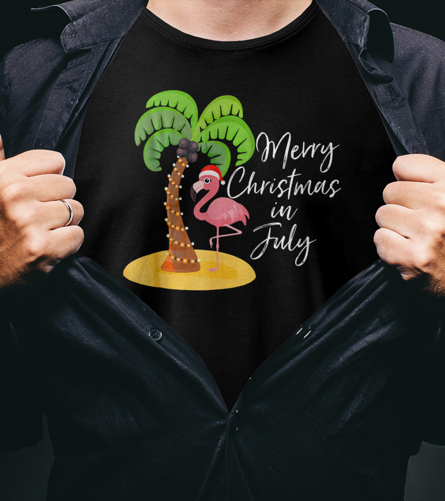 Merry Christmas In July Flamingo And Palm Tree T-Shirt