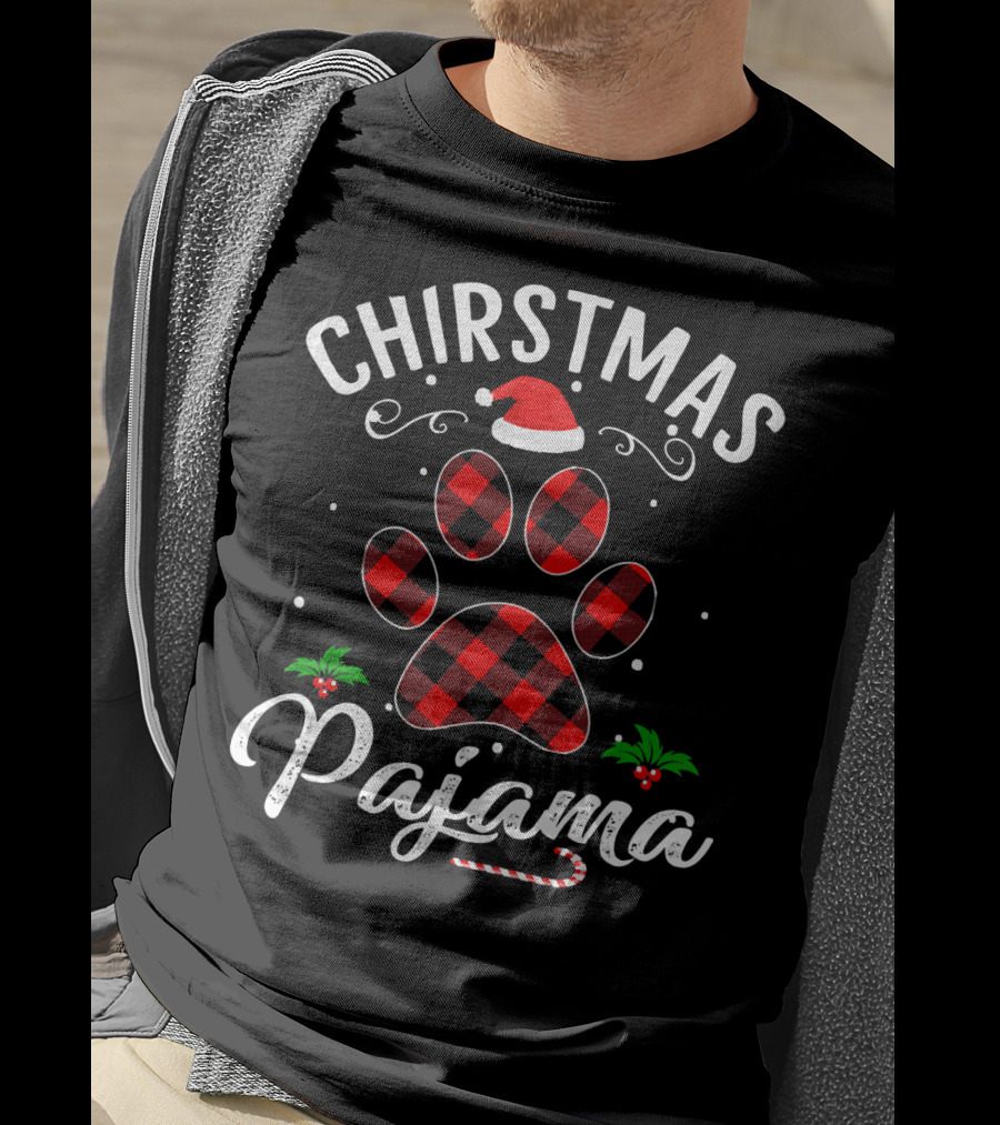 Buffalo Plaid Christmas Pajama Paw Holiday Hat T-Shirt