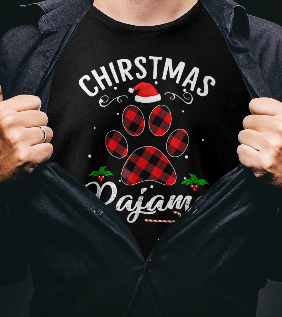 Buffalo Plaid Christmas Pajama Paw Holiday Hat T-Shirt