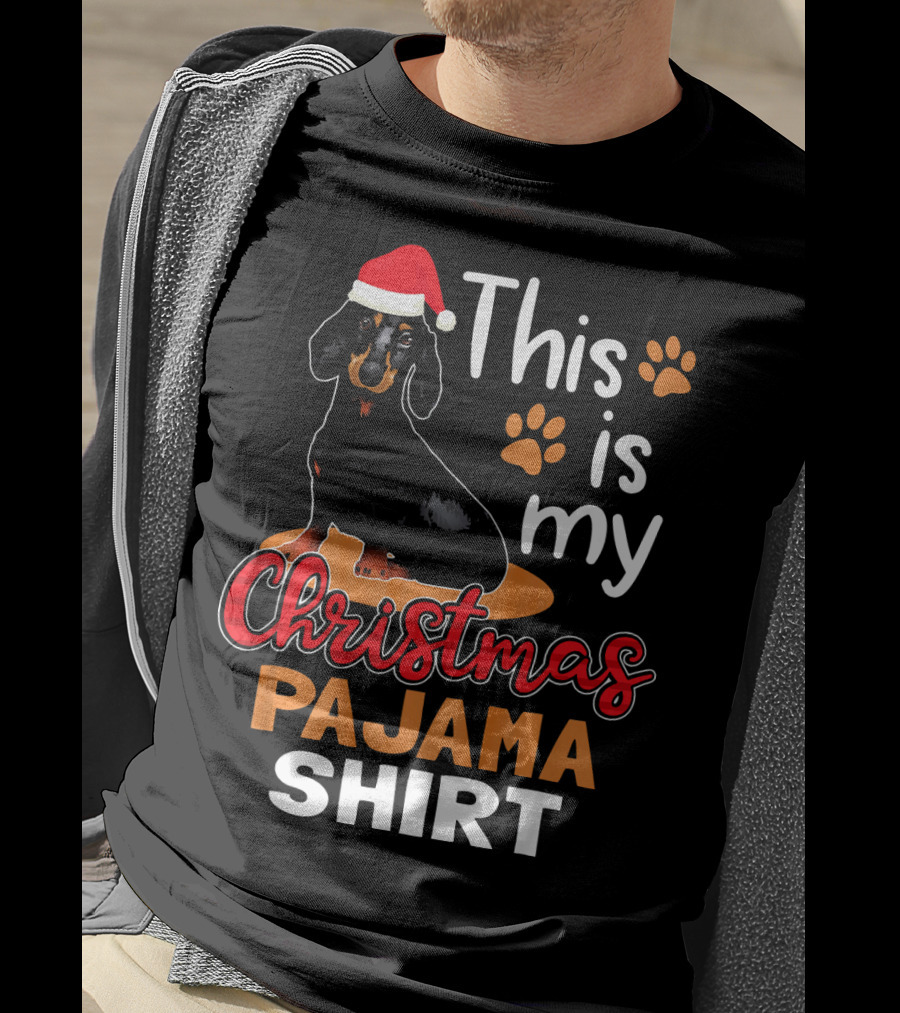 This Is My Christmas Pajama Shirt Dachshund Santa Hat Paw Prints T-Shirt