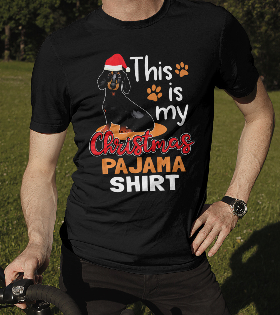 This Is My Christmas Pajama Shirt Dachshund Santa Hat Paw Prints T-Shirt