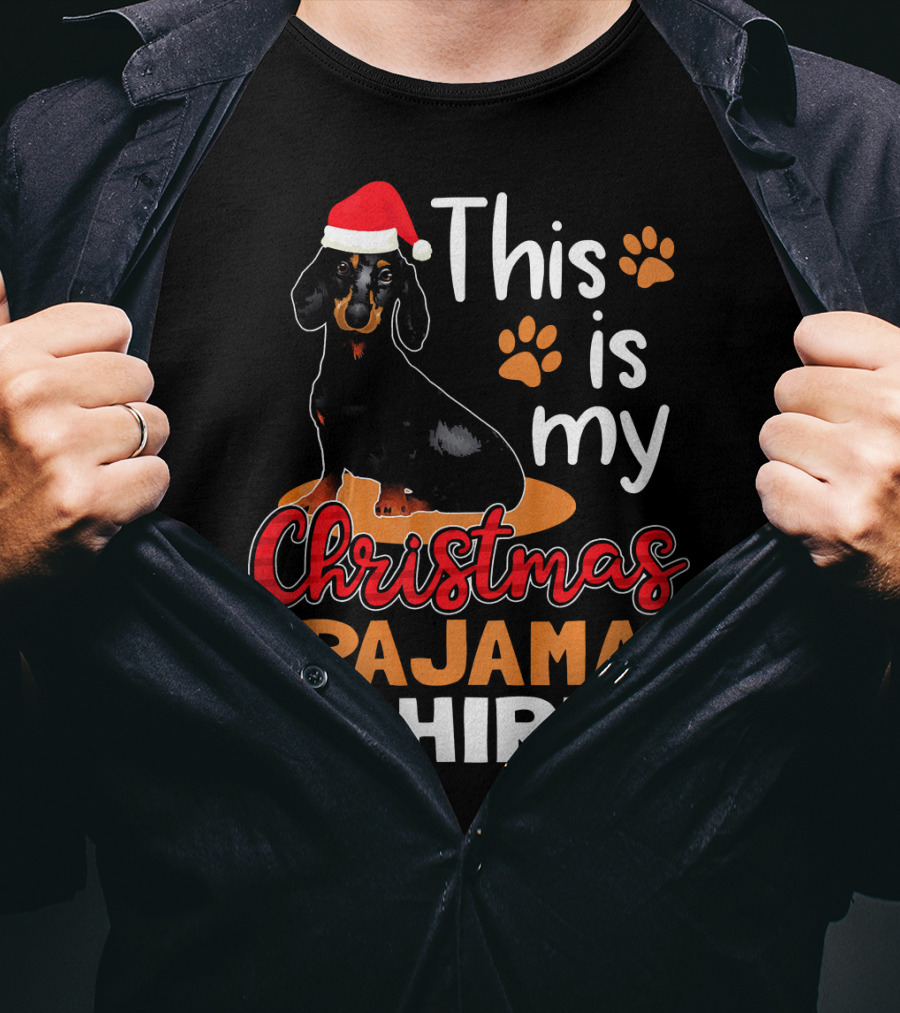 This Is My Christmas Pajama Shirt Dachshund Santa Hat Paw Prints T-Shirt