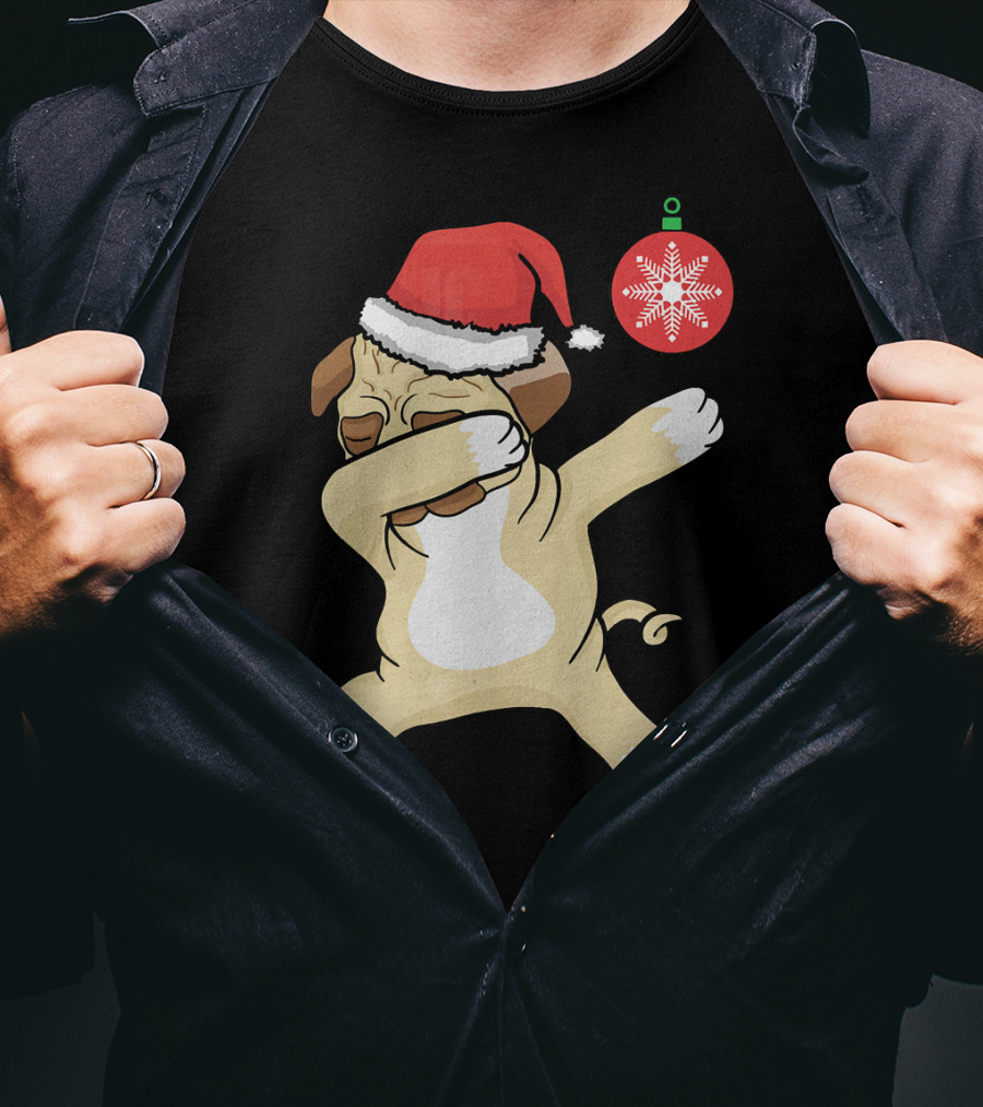Christmas Pug Dabbing With Santa Hat And Red T-Shirt