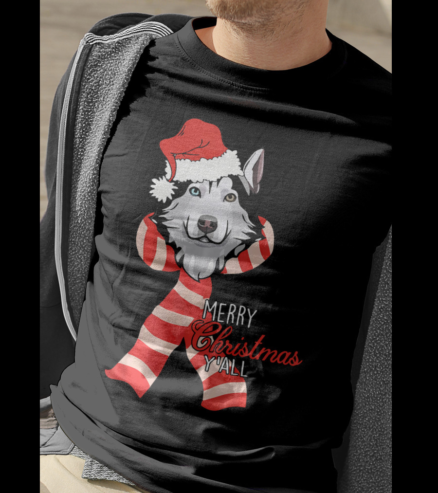 Merry Christmas Y'all Husky Dog In Santa Hat And Scarf T-Shirt