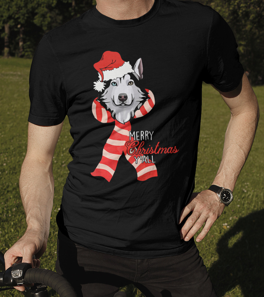 Merry Christmas Y'all Husky Dog In Santa Hat And Scarf T-Shirt