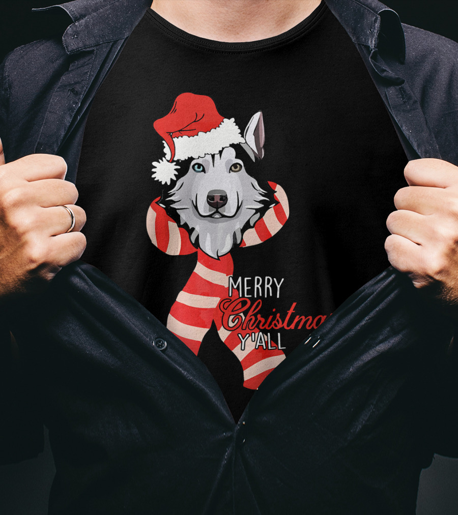 Merry Christmas Y'all Husky Dog In Santa Hat And Scarf T-Shirt
