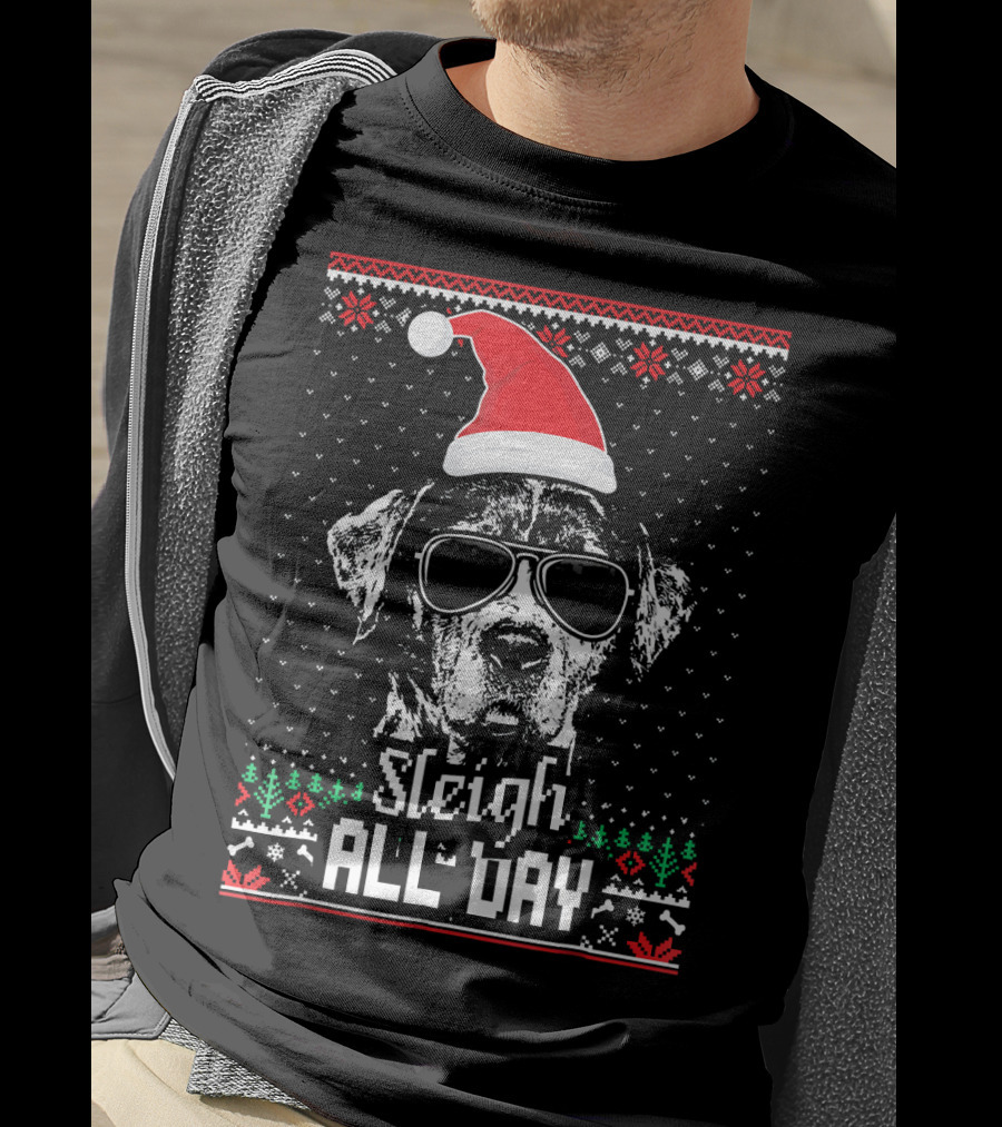 Sleigh All Day Funny Catahoula Cur Christmas Dog With Santa Hat And Sunglasses T-Shirt