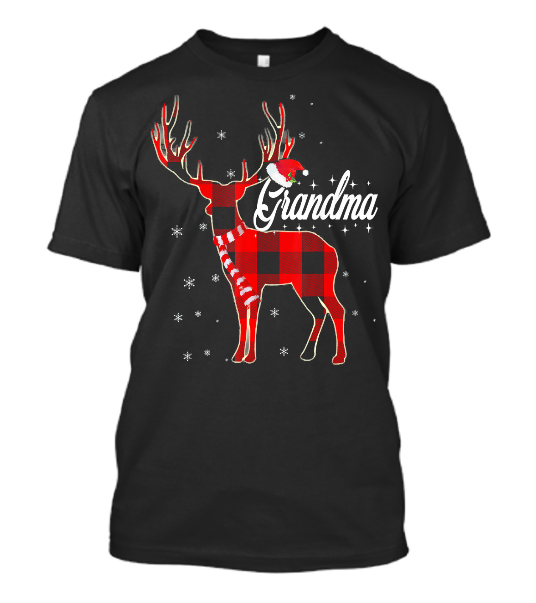 Grandma Reindeer Plaid With Santa Hat And Snowflakes T-Shirt