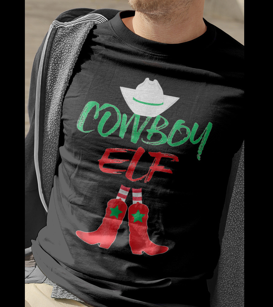 Cowboy Elf Christmas Hat Boots Men's Funny Holiday T-Shirt