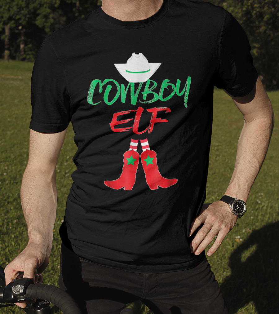 Cowboy Elf Christmas Hat Boots Men's Funny Holiday T-Shirt