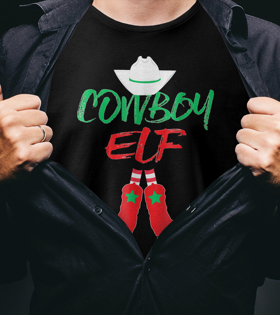 Cowboy Elf Christmas Hat Boots Men's Funny Holiday T-Shirt