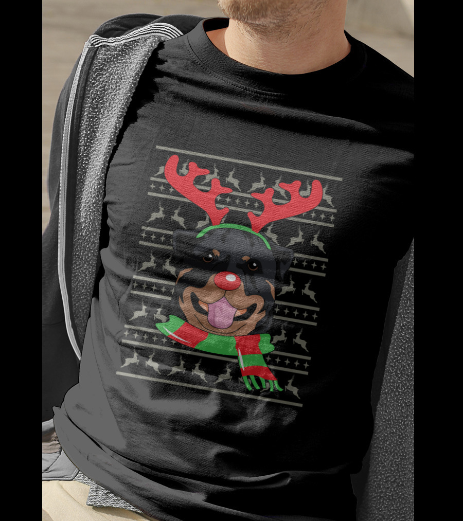 Rottweiler With Reindeer Antlers And Festive Scarf Christmas T-Shirt
