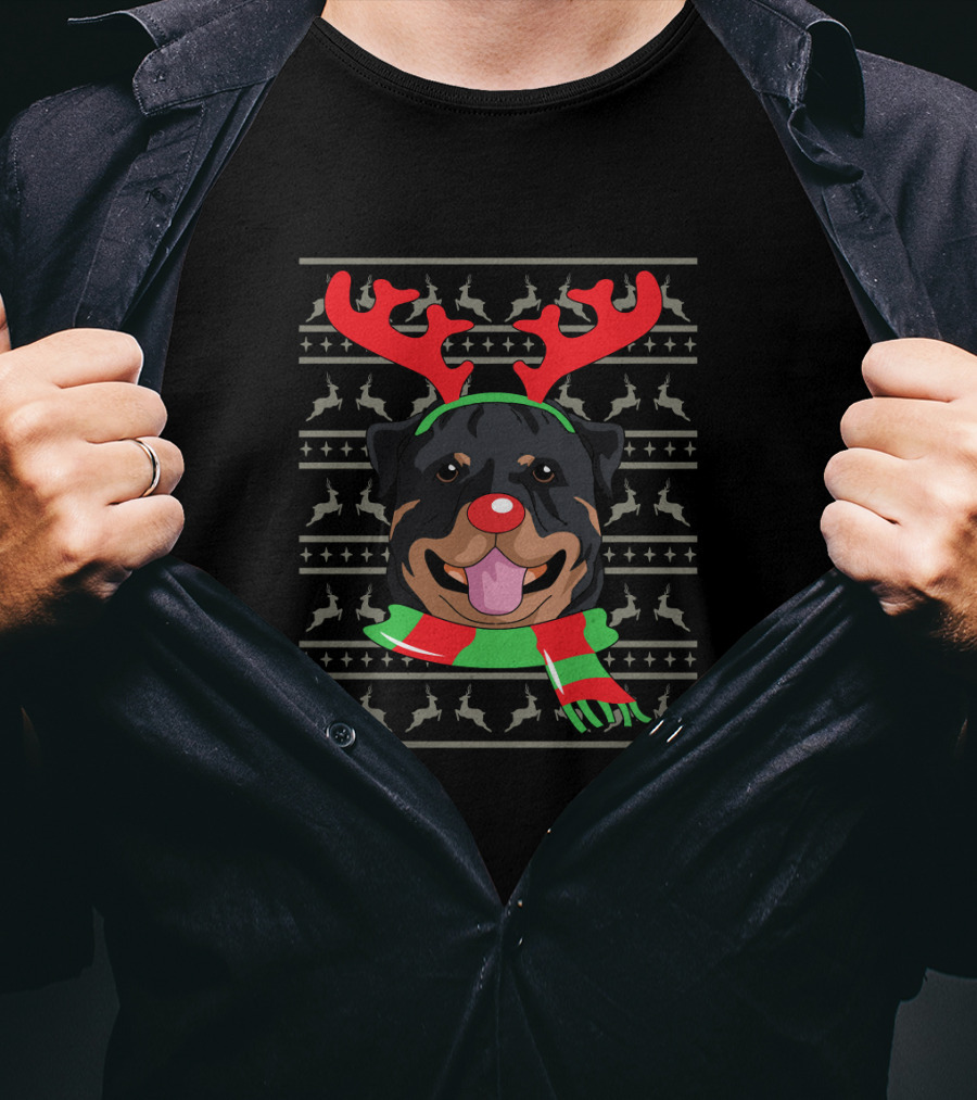 Rottweiler With Reindeer Antlers And Festive Scarf Christmas T-Shirt