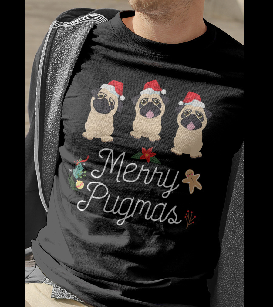 Merry Pugmas Christmas Pugs With Santa Hats And Holiday Decorations T-Shirt