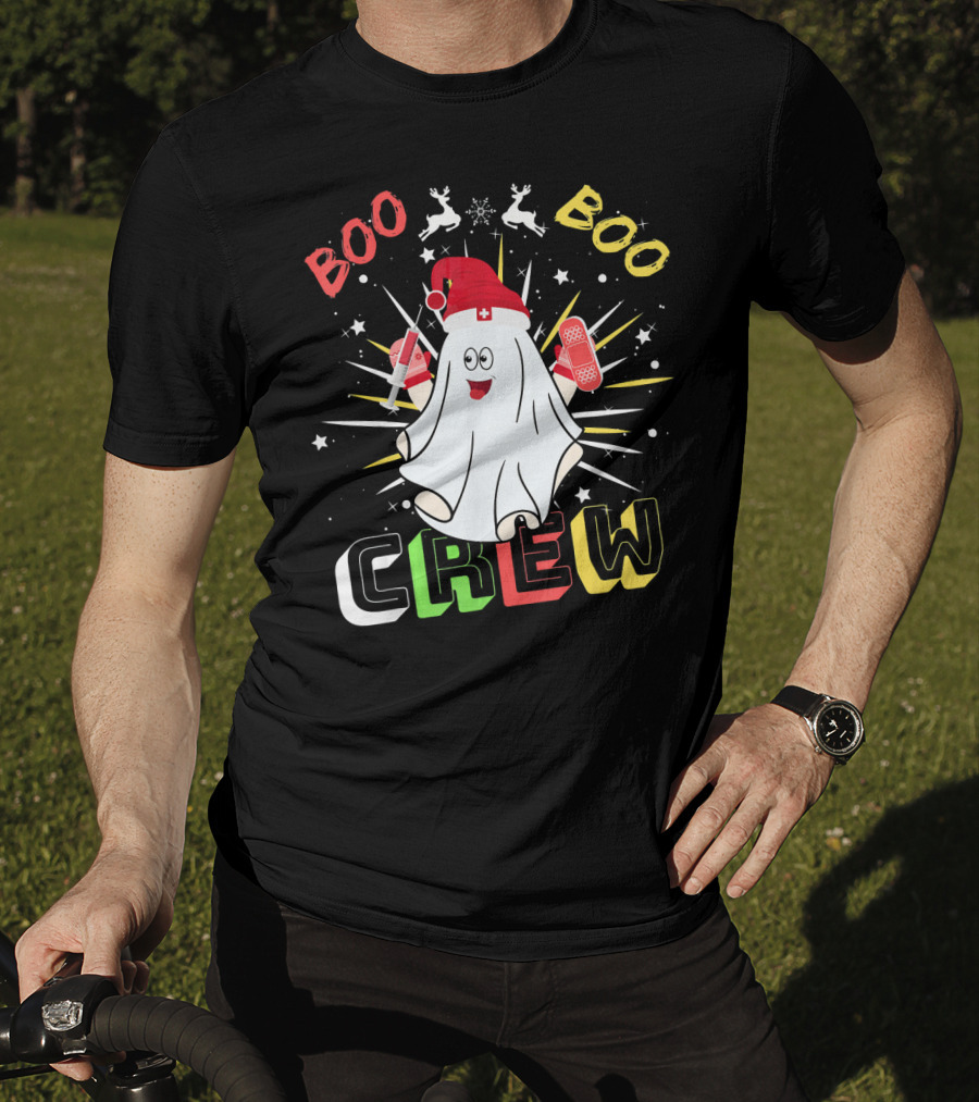 Boo Boo Crew Christmas Nurse Ghost With Bandages And Reindeer T-Shirt
