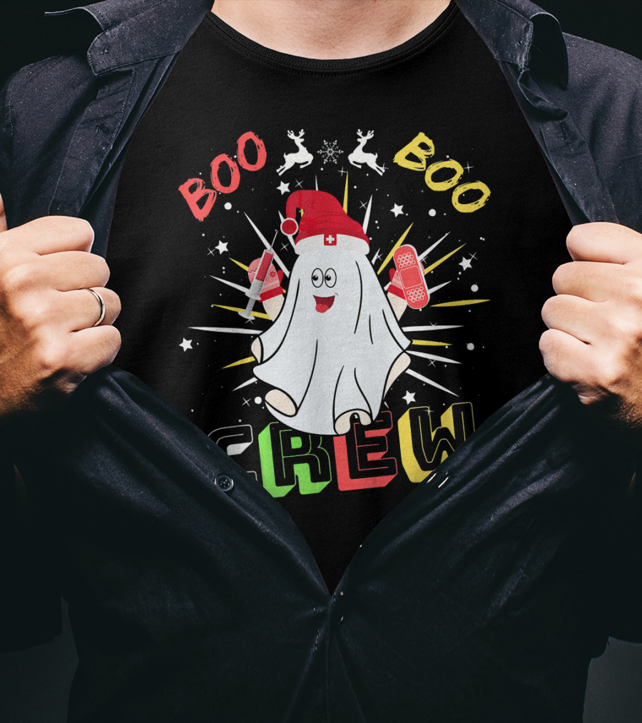 Boo Boo Crew Christmas Nurse Ghost With Bandages And Reindeer T-Shirt