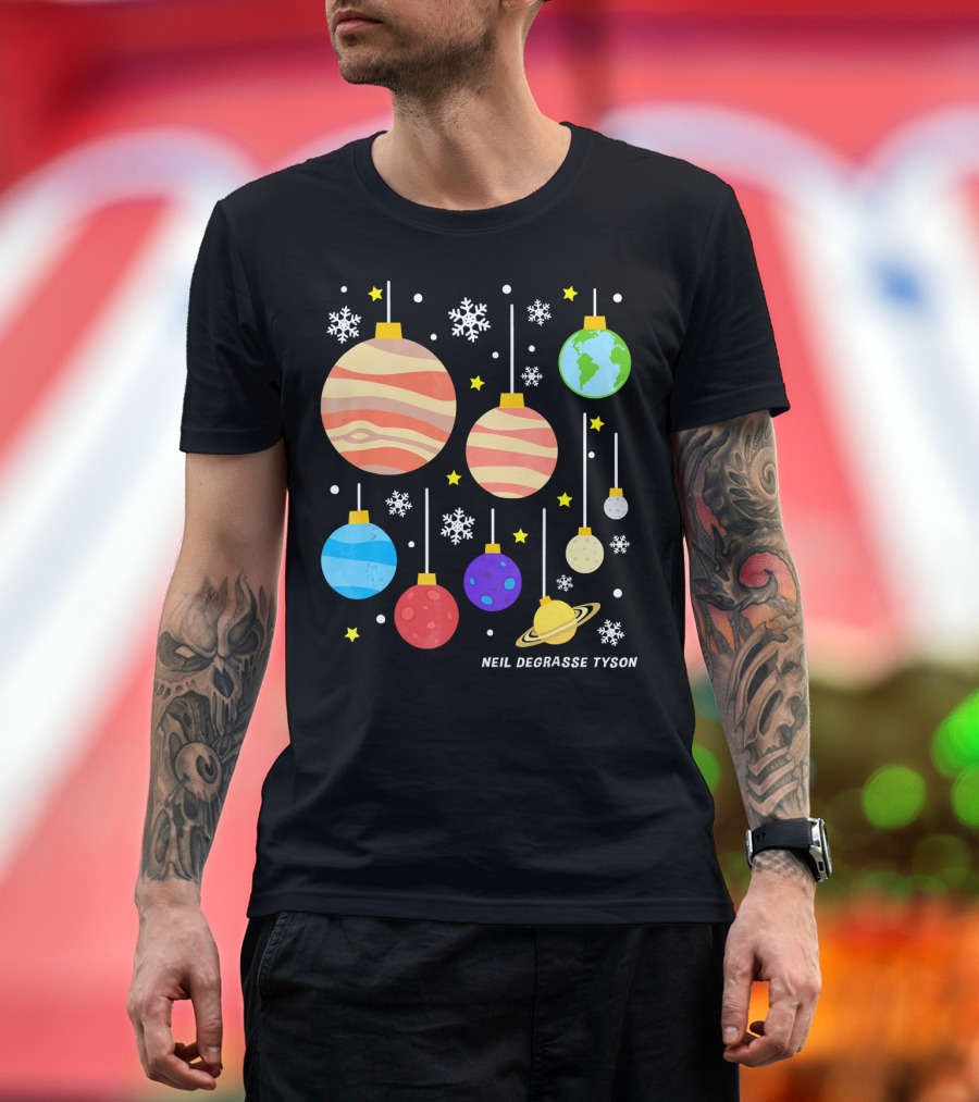 Neil deGrasse Tyson Planets Hanging Ornaments Snowflakes Stars T-Shirt