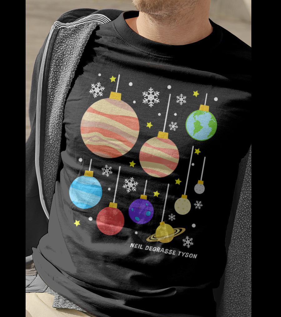 Neil DeGrasse Tyson Planets Hanging Ornaments Snowflakes Stars T-Shirt