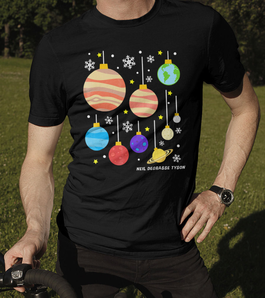 Neil DeGrasse Tyson Planets Hanging Ornaments Snowflakes Stars T-Shirt