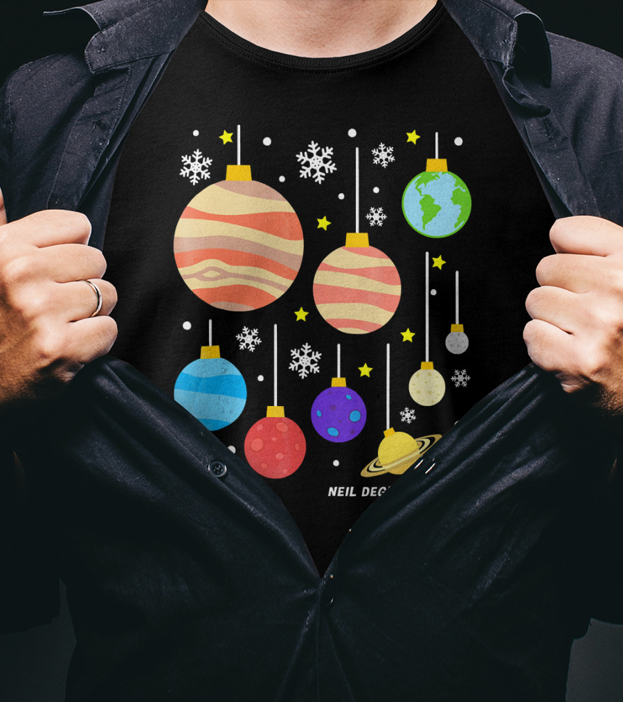 Neil DeGrasse Tyson Planets Hanging Ornaments Snowflakes Stars T-Shirt