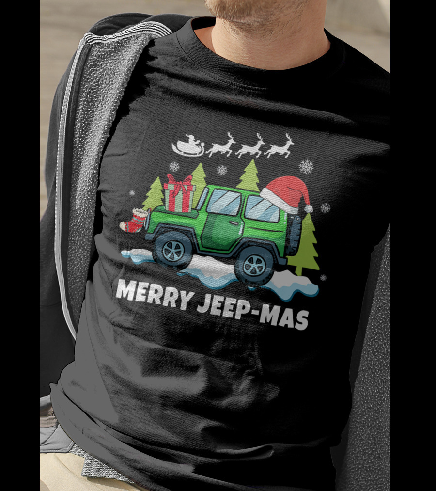 Merry Jeep-Mas Christmas SUV With Santa Hat And Reindeer T-Shirt