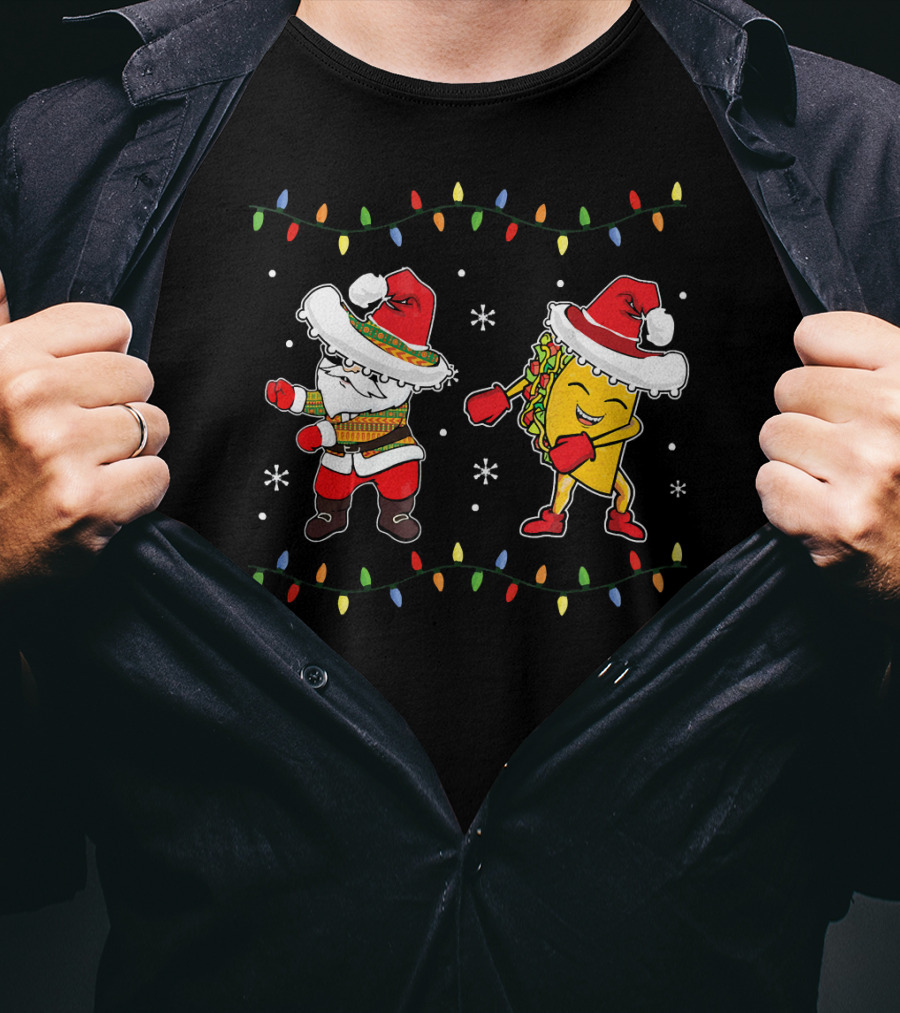 Santa And Taco Flossing In Sombrero Christmas T-Shirt
