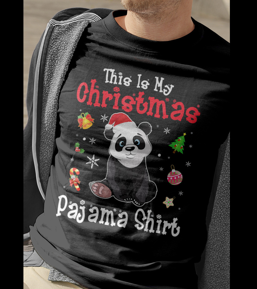 This Is My Christmas Pajama Shirt Panda Santa Hat Snowflakes Ornaments T-Shirt