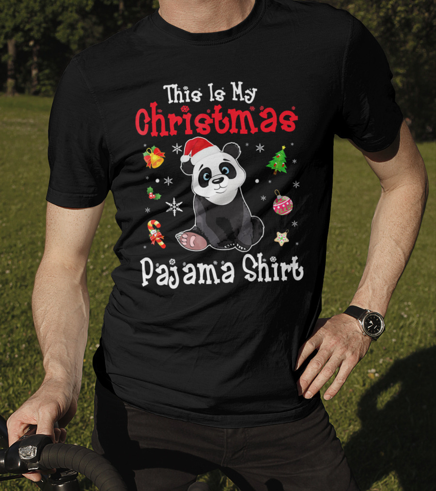 This Is My Christmas Pajama Shirt Panda Santa Hat Snowflakes Ornaments T-Shirt